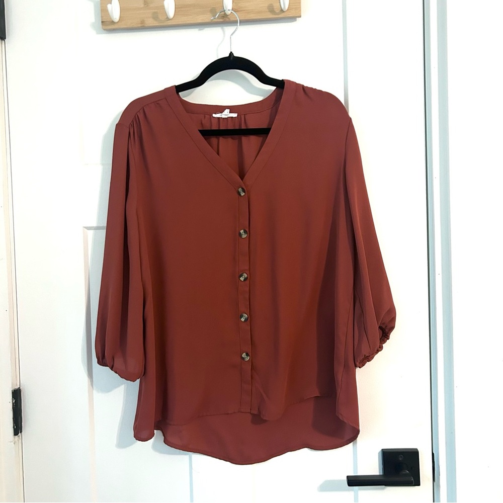 Maurices Brown Mandarin Collar Blouse with Relaxed Fit